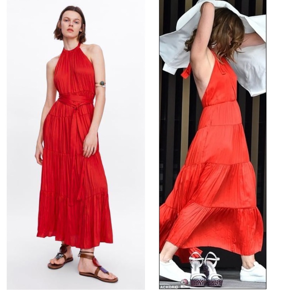 Zara Dress Halter Top Satin Maxi Tiered Open Back Long Sash Bloggers’ Fav Boho